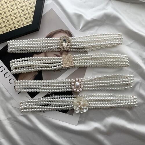 Metal butterfly rhinestone diamond women belt pearl bead elastic waist chain ladies belt fashion flower dresses Chatelaines
