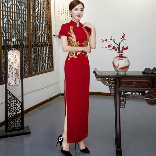 Elegant Slim Long Cheongsam Women Retro Qipao High Split Stage Show Dress Temperament Chinese Dress Sequins Daily Dress S-5XL