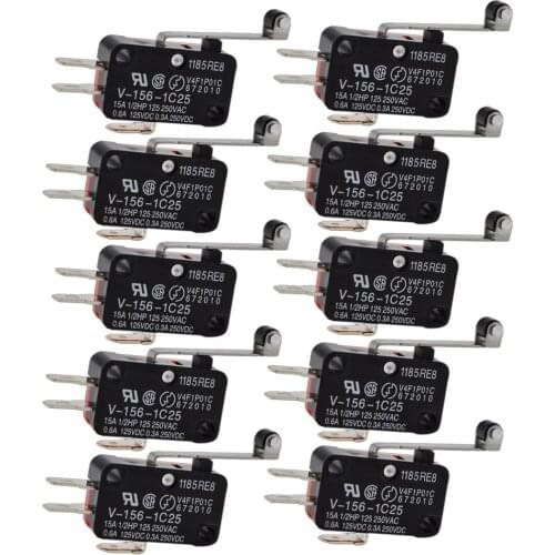 10pcs Durable Micro Limit Switch V-156-1C25 Long Hinge Roller Momentary SPDT Snap Action
