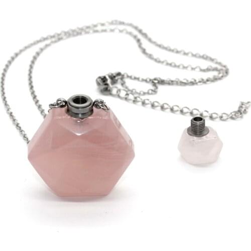 100-Unique 1 Pcs Stainless steel Natural Rose Pink Quartz Perfume Bottle Pendant Necklace Hexagram Star Amulet Jewerlry