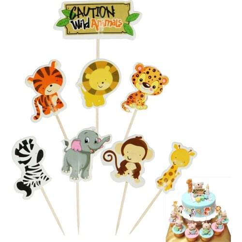 24Pcs Jungle Safari Cupcake Picks Animal Cake Toppers Cartoon Cupcake Inserts Card Party Gifts for Kids Birthday Wedding Decor