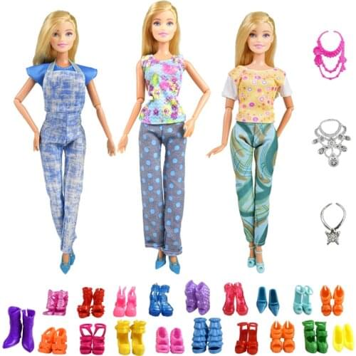 9 Item/Set Doll Supplies =3 Pcs Beautiful Clothes + 3 Plastic Necklace + Random 3 Pairs Shoes for Doll Accessories Girl Toy Gift