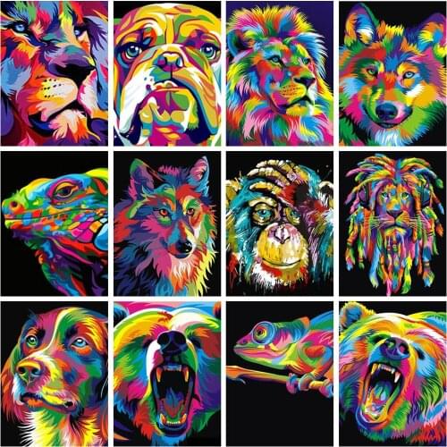 5D DIY Diamond Painting Animal Set Lion Tiger Dog Round Diamond Embroidery Colorful Mosaic Picture Cross Stitch Decoration