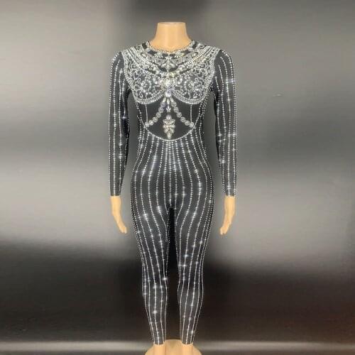 Sparkly Rhinestone Jumpsuit Headdress Women Long Sleeve Fashion Nightclub Bar Prom Party Outfit Singer Dance Costume Stage Wear