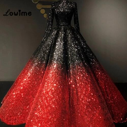 Black And Red Sequined Formal Evening Dresses 2018 Couture Long Sleeves Floor Length Prom Dress High Neck Shiny Party Dress Gown