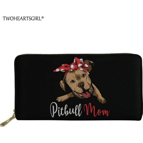 Twoheartsgirl Black Pitbull Print Women Wallets Phone Bag Cute Girls Ladies Clutch Dog CoinPurse with Credit Card Holders