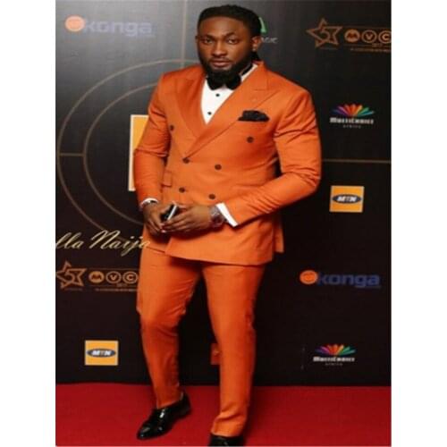 Elegant Double Breasted Men Suit Orange Custom Wedding Tuxedos Groom Suits For Men Business Men Office Wear (Jacket+Pants)