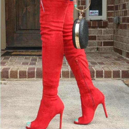Red Single Sole Thigh High Boots Peep Toe Side Zipper Women Over The Knee Tight High Boots Stretch Fabric Women High Boots