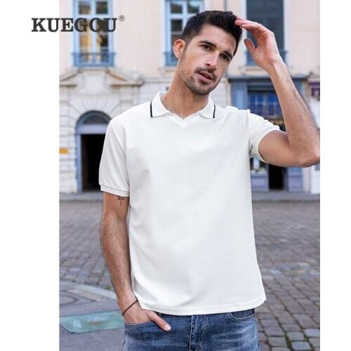 KUEGOU 2021 Summer Cotton Print White Button Polo Shirt Men Fashions Short Sleeve Slim Fit Poloshirt Male Clothes Brands 90006