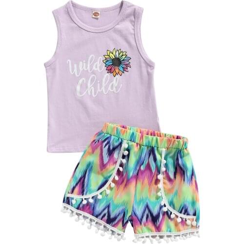 2 Pcs Infant Summer Outfits Baby Girls Letter & Flower Print Round Neck Tank Tops + Color Block Shorts with Pom Poms