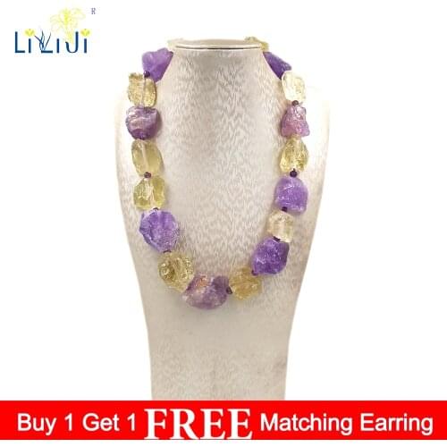 LiiJi Unique Real Amethysts Lemon quartzs Raw Stone Jades Toggle Clasp Huge Chunky Necklace 50cm/20inches Mothers Day Nice Gift