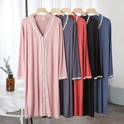 Spring Summer Modal Nightdress Cardigan Lace Long Sleeve Mid Length Dress Outer Wear Home Clothes Womens Nightwear Nightgowns