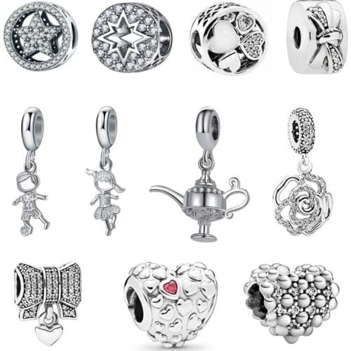 New Silver Color Sparkling Bells Stars Moon Pendants White Zirconia Beads Fit Pandora Charms Bracelet DIY Women Original Jewelry