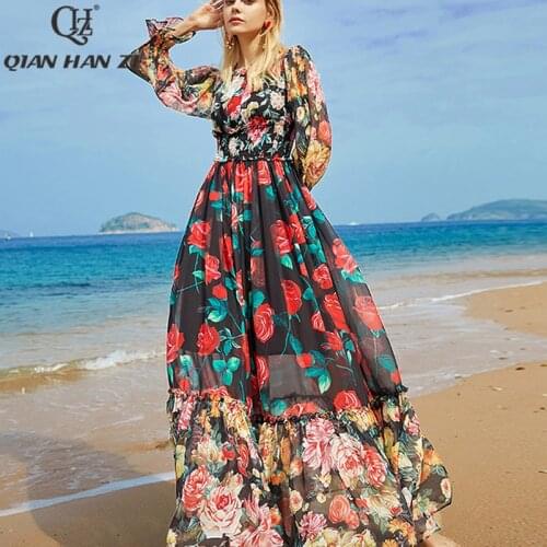 Qian Han Zi designer high-end custom fashion Maxi dress dress Women Long sleeve vintage Flower print Chiffon Beach long dress