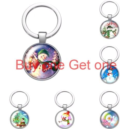 Winter Snowman Christmas Gift Glass Cabochon Keychain Bag Car Key Chain Ring Holder Silver Plated Keychains Men Women Gifts