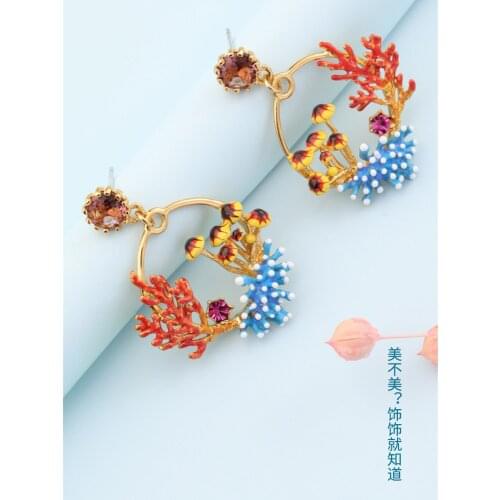 925 Silver Needle European and American Personality Hand-painted Enamel Coral Mushroom Earring Earrings Without Pierced Ear Clip