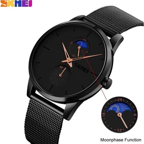 SKMEI New Fashion Mens Watch Moon Phase Quartz Watches With Stainless Steel Mesh Belt Casual Men Wristwatches 2021
