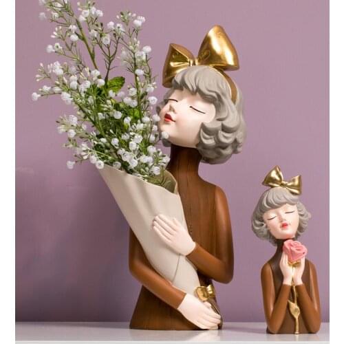 Modern Bowknot Girls Sculpture Crafts Resin Vase+Fake Flower Accessories Home Livingroom Table Flower Pot Figurines Decoration