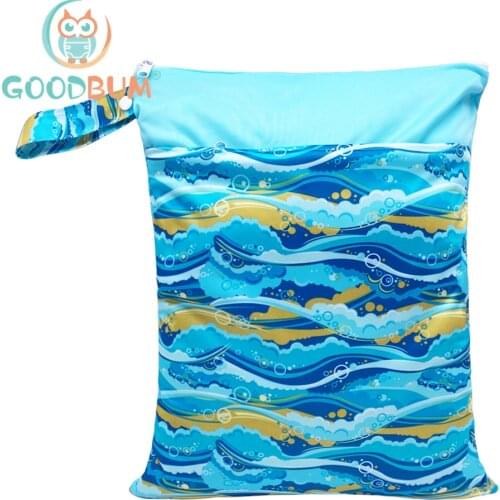Goodbum PUL Blue Ocean Wet Bag Baby Waterproof Cloth Diaper Bag Double Pocket Zippers Print Reusable Baby Nappy Diaper Bag