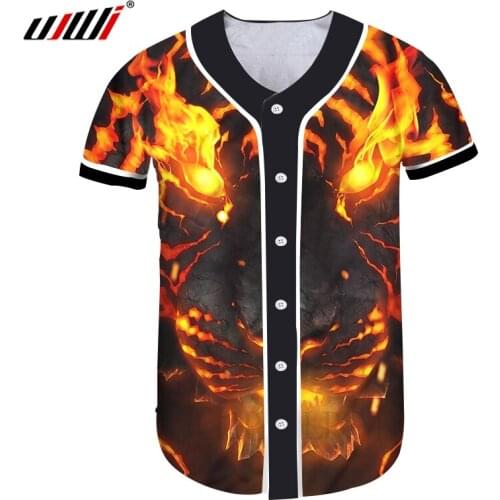 UJWI Man Smiley Face Casual Baseball Shirt 3D Printed Flame tiger eyes Animal Funny Tshirt Wholesale Mens Clothing