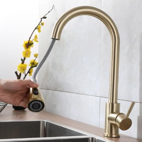 Pull Out Kitchen Sink Faucet Gold 304 Stainless Steel Antique Cold and Hot Water Mixer Tap Spray Kitchen Faucets Pull Down Taps