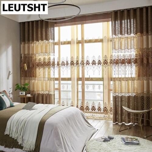 European Style Curtains for Living Dining Room Bedroom Chenille Jacquard Curtains Coffee Color Curtain Embroidered French Window
