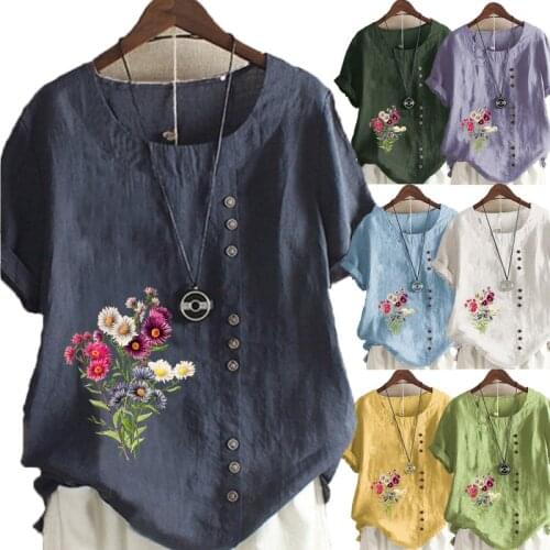 Plus Size Womens Fashion T-shirt Plant Printed Short Sleeve Casual Round Neck Blouse Pullover Tops Ladies Summer Fashion
