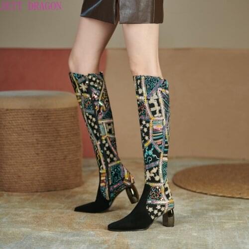 Women Knee High Boots Pointed Toe Boots Women Long Chunky Block Pleated High Heel Boots Quality Microfiber Zip Thigh High Boots