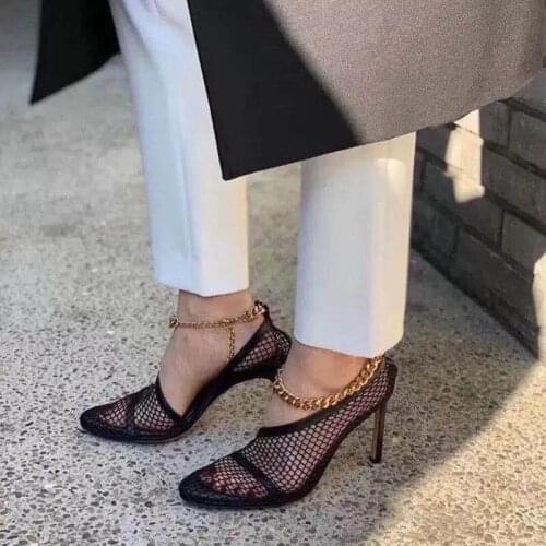 Chain Women Mesh Gladiator Sandals Black Beige White High Heels Pumps Sandalias Female Party Prom Shoes Large Size 35-42