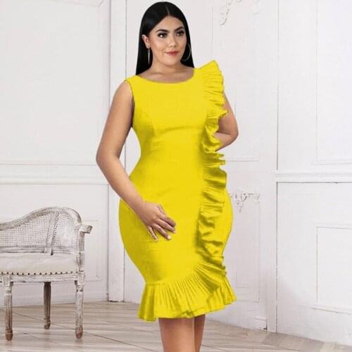 Formal Womens Clothing Dresses Woman Summer 2021 Round Neck Sleeveless High Waist Ruffle Pink Evening Dress Cocktail Bodycon