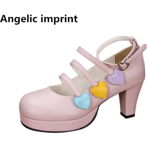Angelic imprint woman mori girl lolita cosplay shoes lady high heels pumps women princess dress party shoes lovely hearts 7cm
