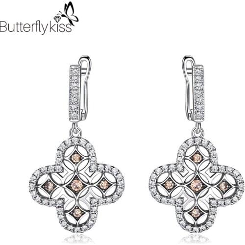 BK Yellow Zircon Flower Unusual Earrings For Women Girl Real 925 Sterling Silver Cubic Zircon Ear Drop Fine Jewelry Wholesale