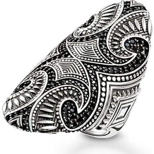 Black Flower Cocktail Finger Rings Women Men 925 Sterling Silver Cubic Zirconia Geometric Hyperbole Big Party Jewelry Gifts