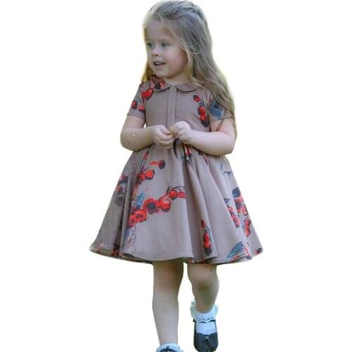 Girls Kids Muslim Printed Long Dress Turkish Dubai Arab Robe Ramadan Islamic Short Sleeve Summer Dress Lapel Collar Fashion New