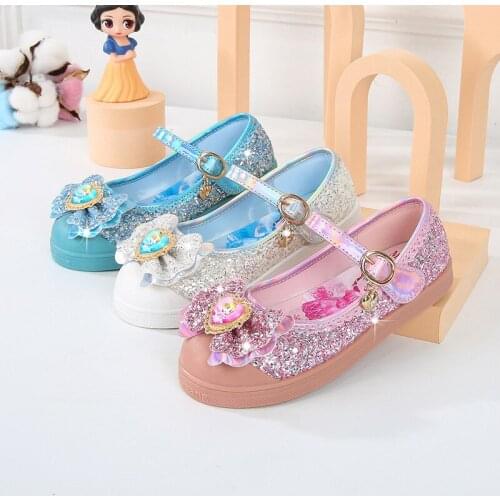 Disney Frozen Princess Flat Shoes For Baby Girls Fashion Children Pu Leather Dances Shoes Sequins Bow Girls Sandals Elsa Shoes