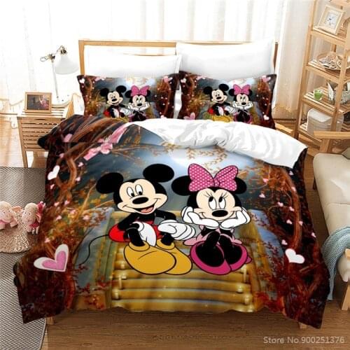Disney Cartoon Mickey Minnie Mouse Bedding Set Queen King Size Duvet Cover Set Soft Comforter Cover Pillowcase Set Home Textile