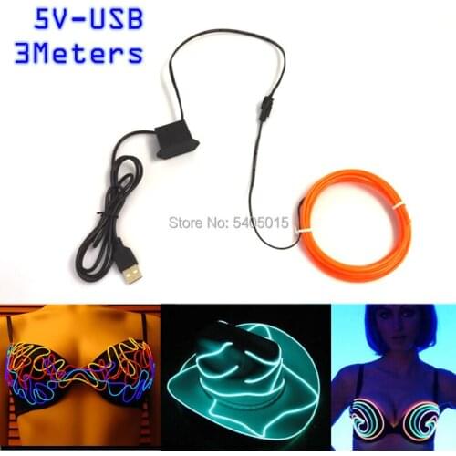 3Meters 2.3mm EL Wire Powered by 5VUSB For Party Wedding Holiday DIY Decorating Flexible Neon LED Glowing Light Tube Rope