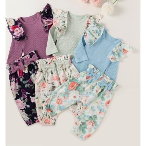 FOCUSNORM 2pcs Autumn Baby Girls Cute Clothes Sets 0-18M Flowers Printed Ruffles Long Sleeve Knit Romper Pants 3 Colors