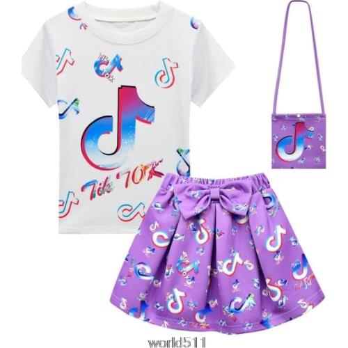 Tik Tok Girls Clothes Sets Summer short sleeve top+Bow cartoon print skirt+Bag 3-piece kids Childrens Clothing Suit Birthday