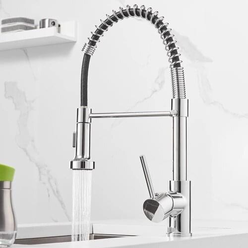 Kitchen Faucets Brush Brass Tap for Kitchen Sink Single Lever Pull Out Spring Spout Mixers Tap Hot Cold Water Crane OWO-N22