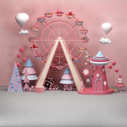 Laeacco Pink Backdrops For Photography Balloons Circus Cruise Ferris wheel Entertainment Baby Birthday Party Portrait Background