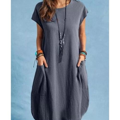Hot Sale 2021 Womens Round Neck Club Dress Loose Avant-garde Belt Pocket Loose Dresses Style Solid Color Short Sleeves Fashion