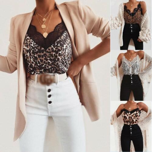 Fashion Women Summer Lace Top Leopard Snake Print Tank Elegant Loose V Neck Vest Ladies Strappy camisa feminina debardeur femme