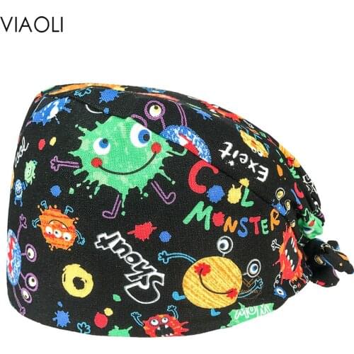 Unisex scrubs caps women cartoon printing beauty salon work hat High Quality sweat-absorbent Scrub cap Adjustable scrub lab Hats