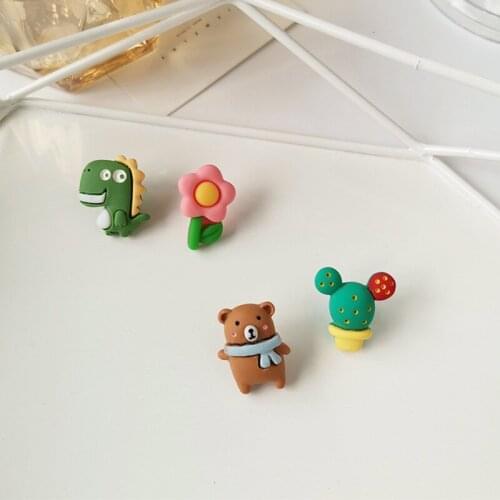 Cute Funny Small Animal Dinosaur Earrings Female Bear Flower Cactus Earrings Sweet Flower Earrings Stud Vintage Fashion Jewelry