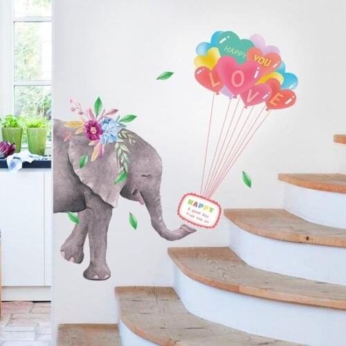 Cute Elephant With Purple Blue Flowers Sticker For Room Wall Colorful Balloons Love You Wallpaper For Kids Living Room Bedroom