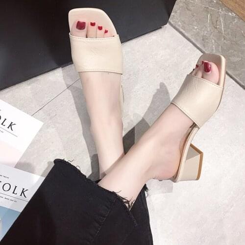 2020 summer new outer wear Korean style square head open toe straight-heeled fashionable female slippers womans shoes