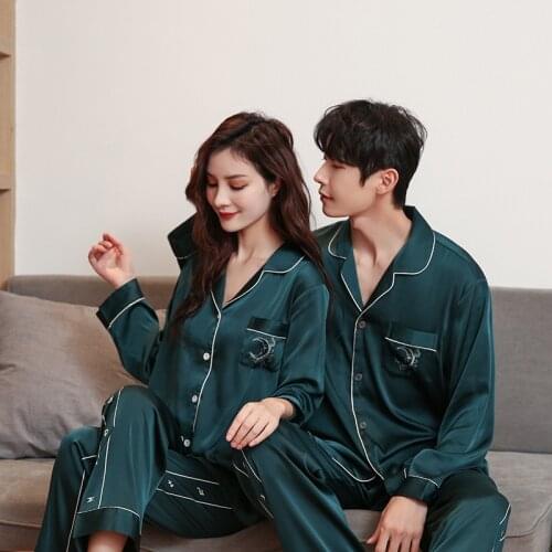 FZSLCYIYI Couple Star Moon Sun Printed Pajamas Set Summer Lovers Men Women Long Sleeve Pants Sleepwear Satin Homewear Nightwear