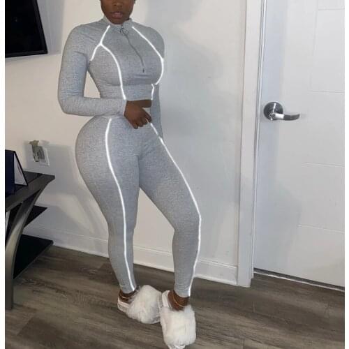 Casual Women Fitness Two PIece Set Front Zipper Crop + Long Pancil Pants Autumn Winter Clothes For Women Outfit