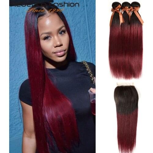 Rebecca Ombre Bundles With Closure Two Tone T1B/99J Peruvian Non-Remy Straight Hair 8 To 28 30 Bundles With 4X4 Lace Closure